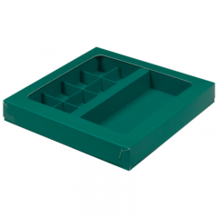 Коробка на 8 конфет и шоколадную плитку с прозрачной крышкой матовая зелёная 050396 ф 
