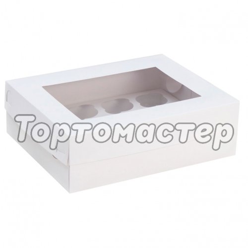 Коробка на 12 капкейков с окошком Белая 32х25х10 см КУ-117 