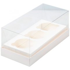 Коробка на 3 капкейка с прозрачной крышкой Белая 24х10х10 см