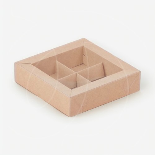 Коробка на 4 конфеты с прозрачной крышкой крафт 12х12х3 см 