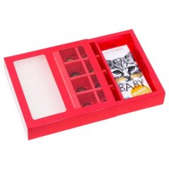 Коробка на 8 конфет и шоколадную плитку с окном красная КУ-349