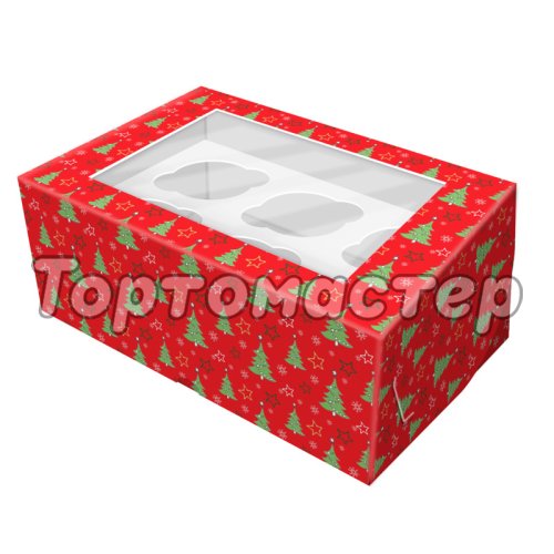 Коробка на 6 капкейков с окошком "Ёлочки" 25х15х7 см 5 шт КУ-474