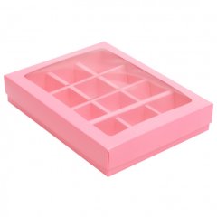 Коробка на 12 конфет с окошком Розовая 19х15х3,6 см