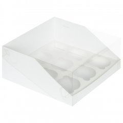Коробка на 9 капкейков с прозрачной крышкой белая 040573 ф