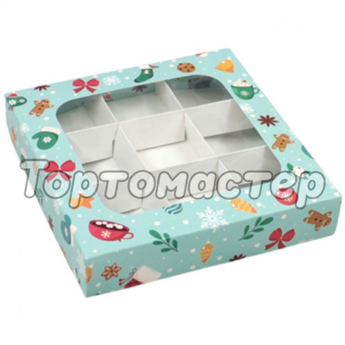 Коробка на 9 конфет с окошком Зимняя 15х15х3 см УПП-16-со-Зимняя