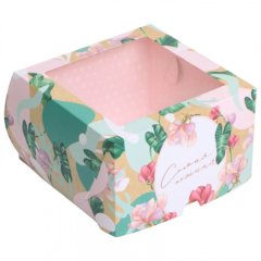 Коробка для бенто-торта с окном "Цветы" 16х16х10 см 7361167