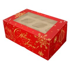 Коробка на 6 капкейков с окошком Рождественский подарок 25х17х10 см КУ-00728   КУ-728