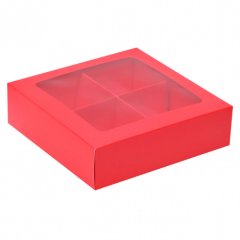 Коробка на 4 конфеты с окном красная 12,6х12,6х3,5 см КУ-022
