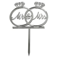Топпер декоративный Свадебные кольца "Mr&Mrs" на палочке Серебро 10х8 см ТСК35
