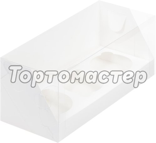 Коробка на 3 капкейка с прозрачной крышкой белая 24х10х10 см 040170