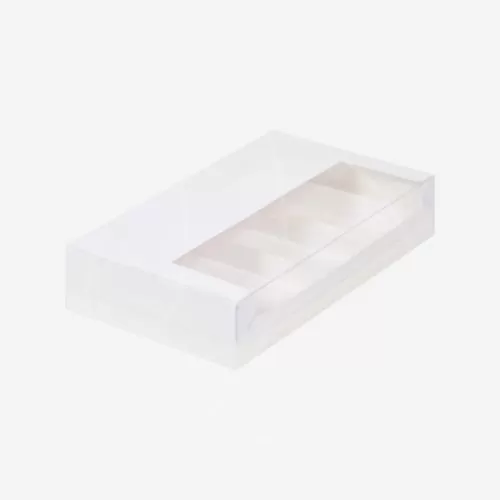 Коробка на 5 эклеров и эскимо с прозрачной крышкой белая 25х15х5см 080820 ф