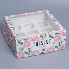 Коробка на 9 капкейков с прозрачной крышкой "Розы" 25х25х10 см 9086113