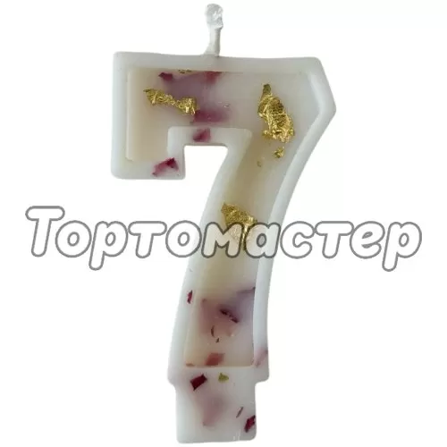 Свеча декоративная Цифра "7" Белая с розой и поталью 